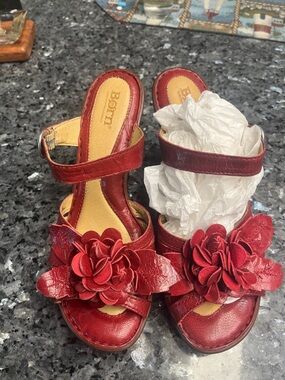 Born Red Leather Floral Strap Sandals